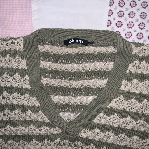 olsen Green and Cream knit Sweater 100% cotton L 3/4 sleeves‎ - Picture 3 of 10